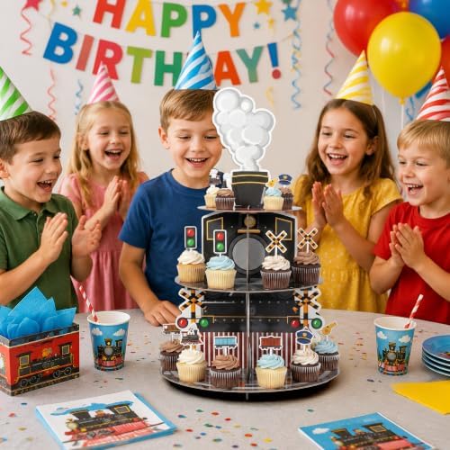 ANGOLIO Train Birthday Cupcake Stand - 3 Tiered Cardboard Dessert Towers