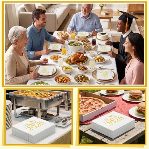 Natnarr Graduation Cocktail Napkins Class Of 2026, White Gold, 50 Pack