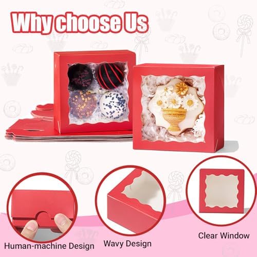 50 Pack 4x4x2 inches Red Bakery Boxes with Window - Macaron Cookie Chocolate Truffle Strawberry & Mini Cake Gift Boxes for Valentine's Parties Birthdays Wedding, Christmas Favors