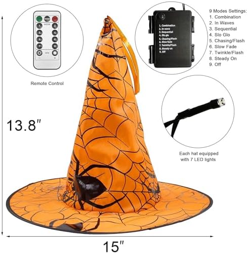 FUNPENY 2 Pack Halloween Decoration Lights, 8 PCS Waterproof Hanging Witch Hat with String Lights with Remote, Hanging Halloween Decorations for Indoor Outdoor Garden Yard Party Decor