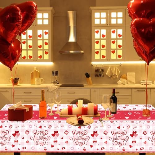 3-Piece 54 x 108 Inch Valentine’s Day Plastic Tablecloth – Red and White Disposable Rectangle Table Covers for Romantic Dinners, Parties, and Celebrations