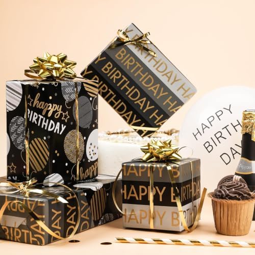 RUSPEPA Reversible Birthday Wrapping Paper Roll, Mini Roll, Black Gold Foil Happy Birthday Balloon & Stripe Text Design Gift Wrap Paper for Men, Boy, Adults, Party Celebration, 17.5 Inches x 9.8 Feet