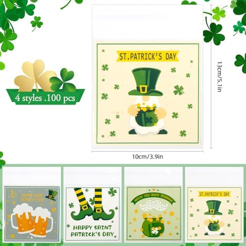 100 PCS Clear St Patricks Ziplock Bags, Plastic St Patricks Treat Gift Candy Goodie Snack Cookie Bags Party Favors Supplies for Gifts Giving Shamrock Bags Holiday Candy Bags Wrap