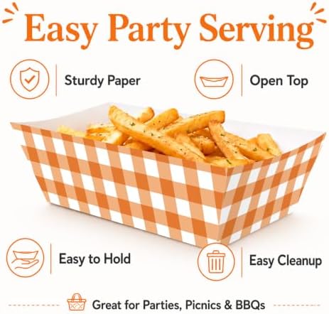 100 Pcs Orange Checkered Paper Food Trays, Pre-Folded Disposable Snack Boats for Popcorn, Candy, Fries, Nachos, Snacks, Movie Night Party Supplies, Cinema Themed Serving Trays