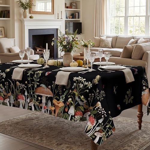 Mushroom Tablecloth 60x120 Inch Rectangle, Farmhouse Mushroom Forest Decorations for Home Table Cloth, Black Seasonal Decor Tablecloths Polyester for Picnic Party Dinner