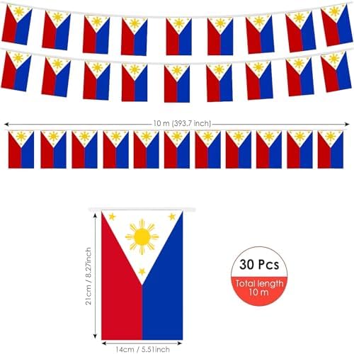 AhfuLife 30 Pcs Philippines String Flags for Independence Day Decorations, Small Filipino Flag Bunting Banner - Double Sided for National Day Christmas Party Decorations (5.5×8.3 Inch-33 Ft)