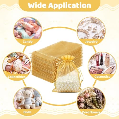FUNFERY 100PCS Gold Organza Gift Bags 6x9in,Drawstring Pouch for Jewelry