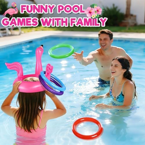 Camlinbo 15 Pcs Inflatable Flamingo Pool Toys Ring Toss Pool Game