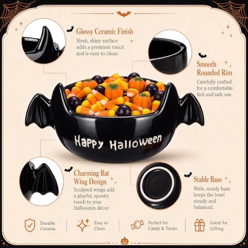 Reallnaive Halloween Candy Bowl Black Bat Ceramic Candy Dish