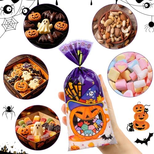100 Pcs Halloween Cellophane Treat Bags - 5 x 11 Inch Halloween Goodie Bags with Gold Ties for Cookies, Snacks, Party Favors & Gift Packaging, 2.8 Mil Thick Plastic Spooky Season Candy Bag for Kids