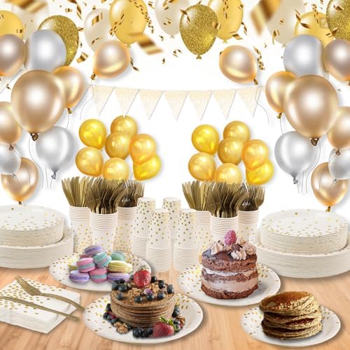 White and Gold Party Supplies 145PCS Disposable Party Dinnerware Paper Plates, Napkins, Knives, Forks, Cups, Banner, for New Year Eve 2026, Bridal Shower, Wedding, Birthday, Serves 24