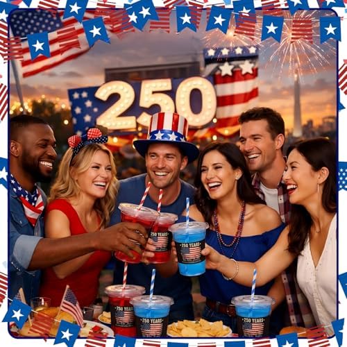 FillTouch 50 Pcs 250th 4th of July Cups USA Anniversary Party Supplies America Patriotic Red White Blue 250 Fourth of July Disposable Cups for Independence Day Items US Memorial Party Decoration