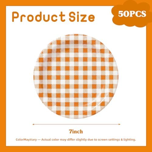 Vyntra 50 Pcs Orange Gingham 7 Inch Round Paper Dessert Plates
