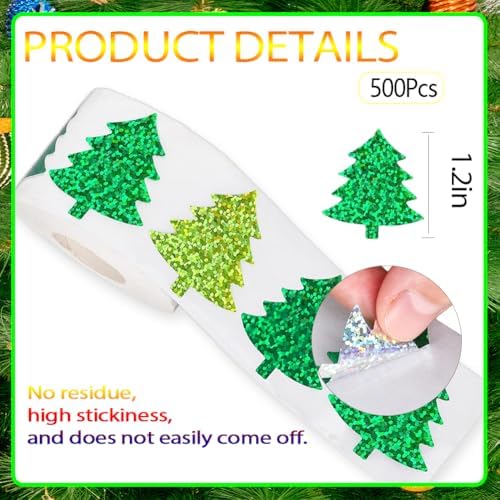 500Pcs Christmas Tree Stickers Roll 1.2in Laser Green Pine Tree Seal Stickers Xmas Waterproof Self-Adhesive Decals for Envelope Journal Decor Gifts Decor