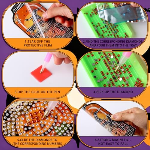 Saillong 12 Pack Halloween Diamond Painting Greeting Card Kits DIY Halloween Diamond Art Cards with Envelopes Bat Black Cat Pumpkin 5D Rhinestones Painting Kit for Adults DIY Craft Family Friend Gifts
