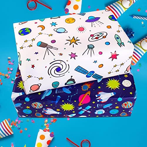 Space Wrapping Paper Birthday Wrapping Paper for Boys Girls,Gift Wrapping Paper Kids with Blue White Navy Birthday Paper for Present Wrapping Paper Sheets with Galaxy Spaceship Birthday Gift Wrap Set (6 Sheets 28"Lx20"W per Sheet)