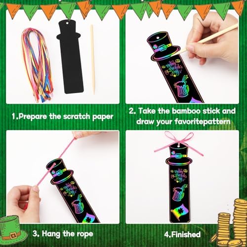 AUGSUN 96Pcs St Patricks Day Scratch Art Bookmarks Crafts for Kids