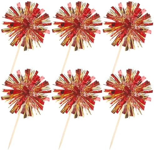 30 PCS Foil Firework Cupcake Toppers Sparkle Tinsel Cupcake Picks Happy Birthday Cake Decorations Drink Stirrers Cocktail Food Fruit Toothpicks for Baby Shower Graduation Party Supplies Red Gold