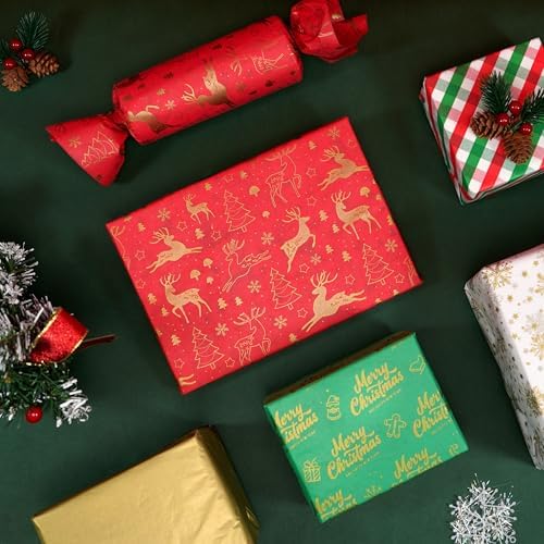 Bobobag 150 Sheets Christmas Tissue paper for Gift bags,20 x14“ Wrapping paper for Holiday decorations, 8 Festive Designs with Snowflakes, Reindeer & Gold Merry Christmas Motifs