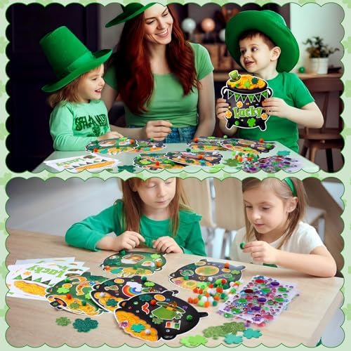 Funrous 48 Sets Crafts Kit Paper Crafts DIY Make Your Own Hanging Ornaments with Pompoms Diamond Stickers for Holiday Classroom Activities Party Favors, St. Patrick's Jar