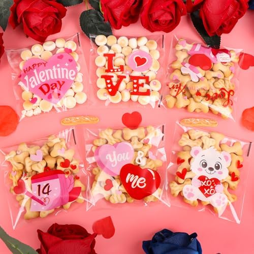 FOIMAS 300pcs Valentine's Day Cellophane Treat Bags Self Adhesive Candy Cookie Gift Bags Heart Goodie Bags for Valentine's Day Party Supplies