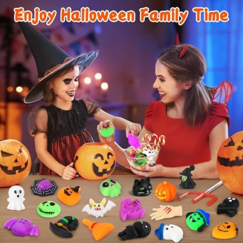 OCATO 50Pcs Halloween Mochi Squishy Toys with Pumpkin Bucket for Kids