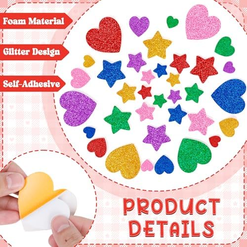 300 PCS Foam Stickers, Colorful Heart Stickers Glitter Star Heart Stickers, Self Adhesive Arts Craft Mini Star Bulk for Valentine Crafts DIY Greeting Card Envelopes Scrapbooking
