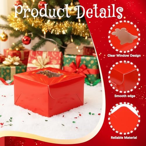 AmazingSpark 100 Pcs Christmas Cookie Boxes with Windows Red and Green Bakery Boxes Christmas Paper Treat Cases for Holiday Party Favor Pastries, Cupcakes, Cookies, Donuts, Small Gift Wrapping