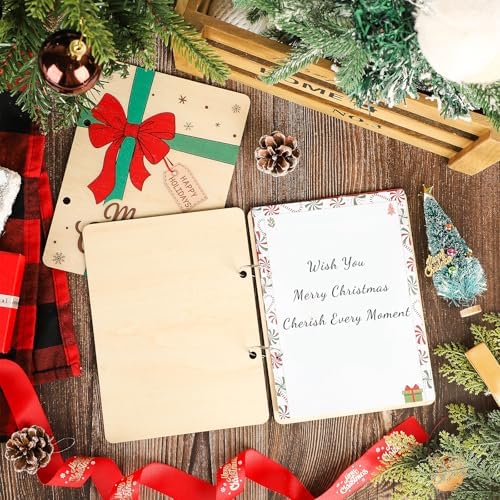 Wooden Christmas Card Keeper Binder Merry Christmas Greeting Card Holder with Rings Xmas Holiday Post Cards Organizer Wood Memories Book for Storage Keepsake Album Photo Notes Gift Winter Past Notes