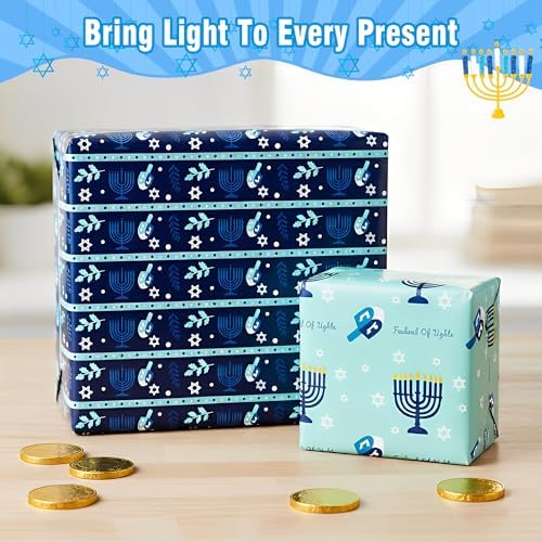 Hanukkah Wrapping Paper (4 Rolls, 148 sq. ft. ttl) Menorahs, Dreidels, Stripe and Star of David Design for Holiday Gift Wrap - Traditional Hanukkah Elements Collection - 30 Inches x 14.8 Feet Per Roll