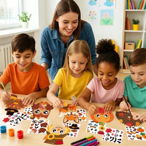 Fall Crafts for Kids Adults 24 Sets DIY Animal Ornament Thanksgiving Stickers Make Your Own Turkey Scarecrow Pumpkin Owl Arts and Crafts Decorations for Autumn Harvest Home Classroom Party Favors