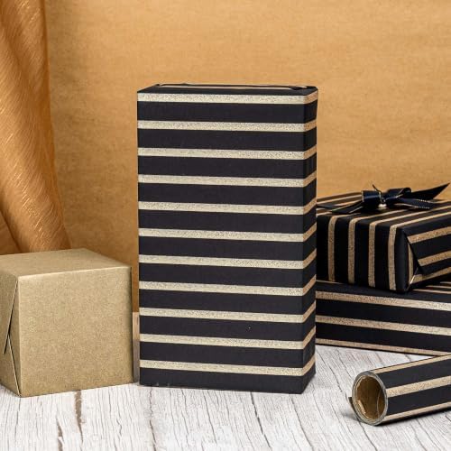 MAYPLUSS Black Wrapping Paper Roll, 17IN x 16.5FT Reversible Gold gift Wrap