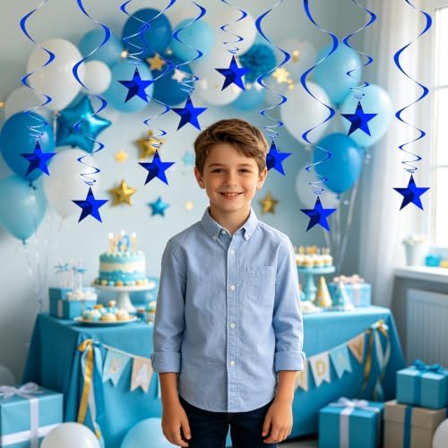 BEISHIDA Blue Star Hanging Swirl Decorations,Hanging Gold Party Supplies for Graduation Wedding Baby Shower Decorations,Pack of 15