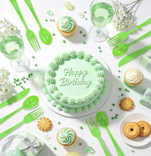 HEIPINIUYE 75 Pack Lime Green Plastic Cutlery Heavy Duty Green Plastic Knives Forks and Spoons Disposable Silverware Set for 25 Guest Camping Birthday Baby Shower Wedding Party Utensils Set