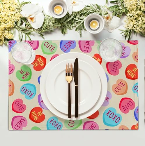Valentine Pink Love Heart Candy Placemats Set of 4 Valentines Seasonal Table Mats Resistant Washable Dinner Mats for Outdoor Home Party Kitchen Dining 12x18 Inch