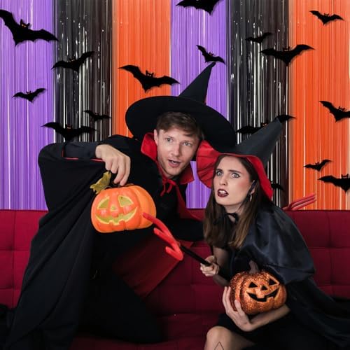 3 Pack Halloween Foil Fringe Curtains - 3.2ft x 6.6ft Black Purple Orange Foil Fringe Curtains Photo Booth Backdrop for Halloween & Birthday Party (Style B)