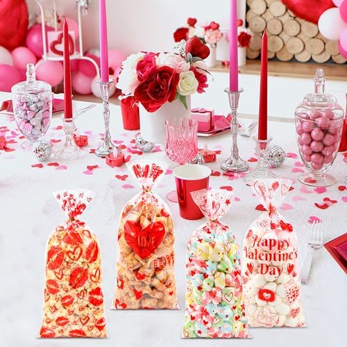 50PCS Valentines Goodie Bags - 5 x 11 Plastic Valentines Cellophane Treat Bags with Twist Ties, Red Heart & Love Design Valentine Candy Bags for Kids Classroom Exchange, Party Favors, Gifts, Cookies