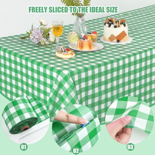 Kochorie 54 Inch x 300 Ft Light Green Checkered Plastic Table Cloth Roll Disposable Waterproof Table Cover Plastic Table Cover Roll with Easy Slide Cutter for Outdoor Picnic/Home Dining/Spring Party