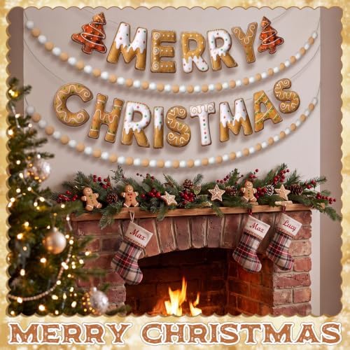 Mindsoft 4pcs Felt Merry Christmas Banner, Gingerbread Man Pom Pom Garland