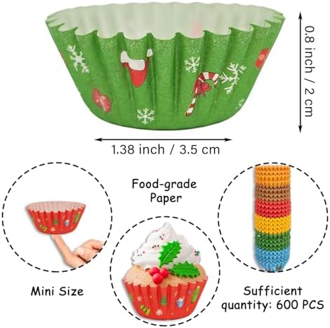 Christmas Mini Cupcake Liners - 600 Count Small Xmas Muffin Cup Cake Paper Liner for Baking, Merry Christmas Eve Candy Wrappers, Cookies Chocolate Tiny Wrap Mold for Bakeware Party Supplies