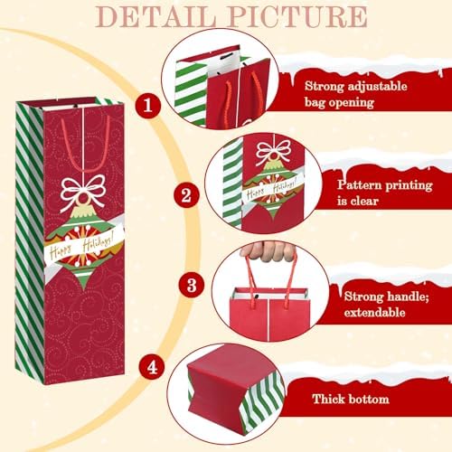 Xylitic 12 Pack Christmas Wine Bags Bulk with Handles, Holiday Wine Gift Bags for Bottles, Birthday Xmas Party Supplies, Drinkers Present (4.7” x 3.5” x 14”)