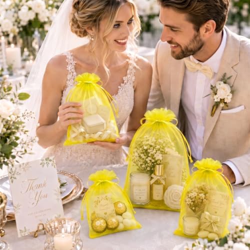 FUNFERY 100PCS Lemon Yellow Organza Gift Bags 6x9in,Drawstring Pouch