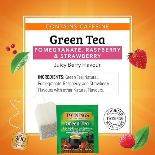 Twinings Green Tea with Pomegranate, Raspberry, & Strawberry Individually Wrapped Bags, 100 Count (Pack of 1), Caffeinated, Enjoy Hot or Iced, 100 Teabags