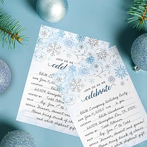 Canopy Street Faux Glitter Winter Party Fill In Invitations / 25 Snowflake Invites With White Envelopes / 5" x 7" Elegant Snow All Occasion Event Invites/Made In The USA