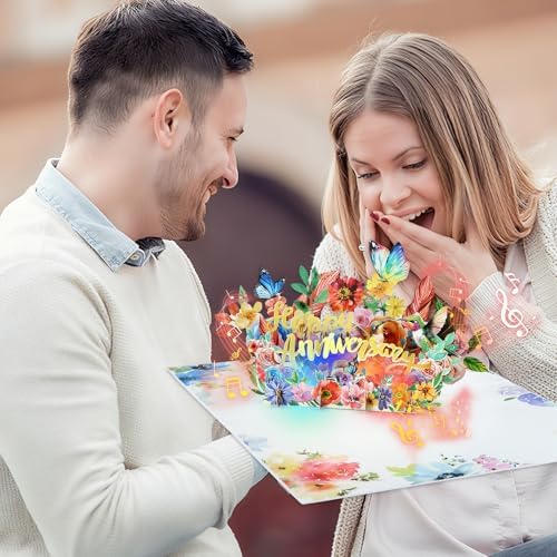 FaCraft Large Anniversary Card for Couple - 3D Pop Up Music & Light Valentines Wedding Anniversary Card Gifts with Envelope, Blank Insert and Seal, for Spouse Husband Wife Him Her