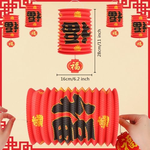 2026 Chinese New Year Decorations Set,6Pcs Red Paper Fu Lanterns for Ceiling, Year of The Horse Lunar Spring Festival Party Supplies for Home, Restaurant, Store,6.3 x 9.8 Inch