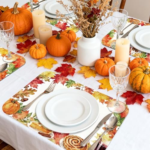 Fall Plastic Placemats Set of 6, Wipeable Maple Leaf Place Mat 11x15.7 Inch Thanksgiving PP Table Placemat for Kitchen Dining Indoor Outdoor Party Decor