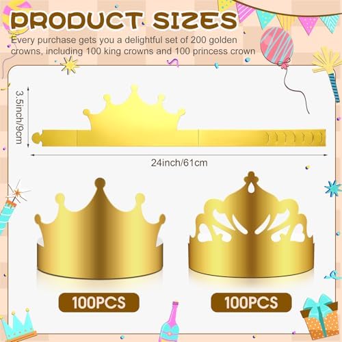 Nezyo 200 Pcs Gold Paper Crowns Bulk Birthday King Princess Crowns Gold Foil Party Crown Hats for Kids Students Classroom Celebration Baby Shower Photo Props Supplies
