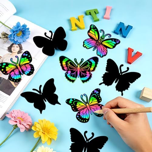 JULMELON 36 PCS Butterfly Scratch Cards, Rainbow Scratch Paper
