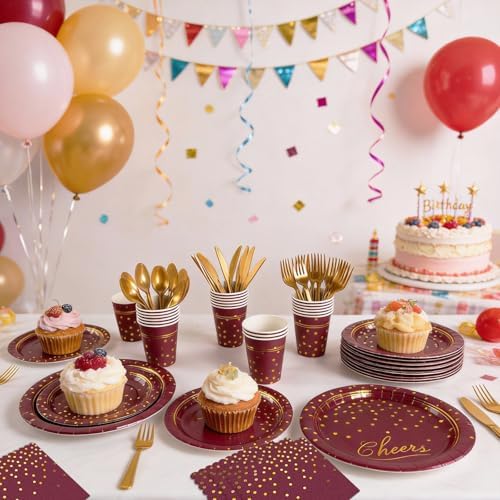 168Pcs Maroon and Gold Paper Plates and Napkins Party Supplies for 24 Guest